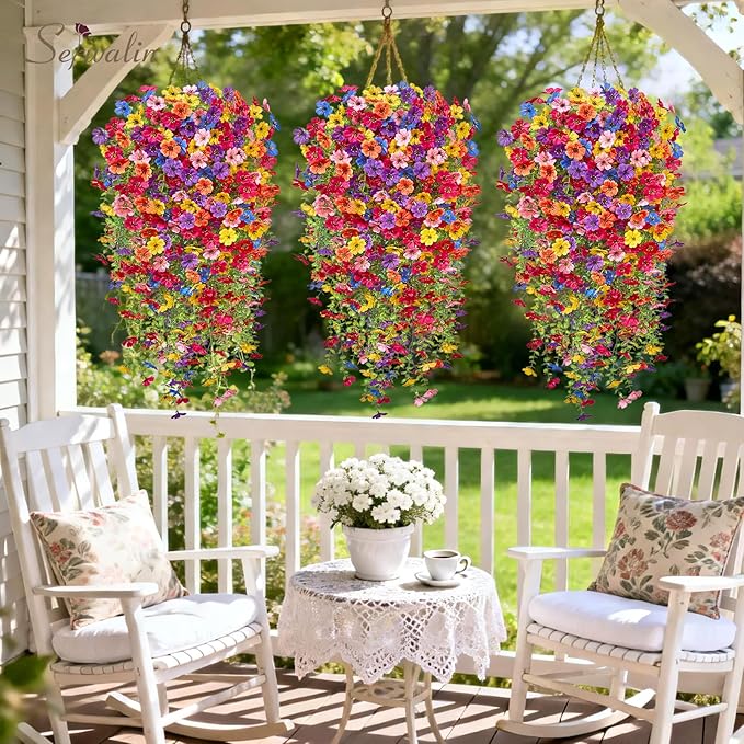 Serwalin 6PCS Artificial Hanging Flowers for Outdoors, UV Resistant Fake Hanging Plants, Realistic Weatherproof Outdoor Decor for Patio, Porch, Garden & Window (Multicolor,6PCS)