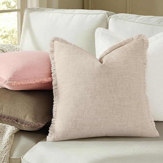 decorUhome Summer Decorative Neutral Linen Fringe Euro Sham Throw Pillow Covers Set of 2 Pink Pillow Covers with Tassels Soft Farmhouse Boho Accent Pillow Cases for Couch Bed Sofa 22x22 Inch