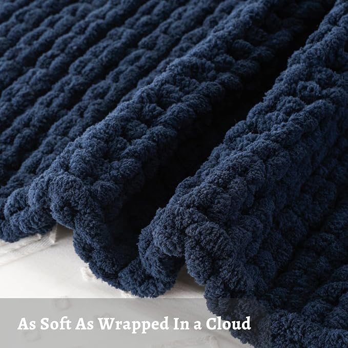 Battilo Navy Chunky Knit Throw Blanket, Soft and Thick Navy Blue Chenille Throw Blanket, 50"x60" Handmade Cable Knit Crochet Blanket, Rope Knot Knitted Throw Blankets for Couch Home Decor, Navy