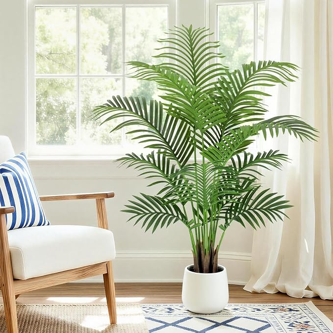 4ft Artificial Palm Tree Tall Faux Palm Tree Indoor Large Fake Plants with 12 Trunks Artificial Plants with White Pot Lifelike Leaves for Home Office Decor Living Rooms Bedrooms