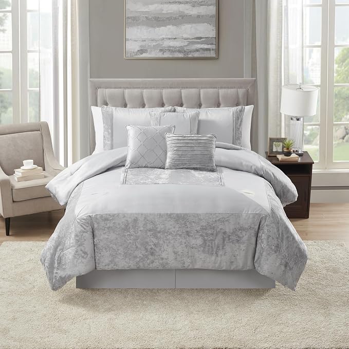 Queen Comforter Set 7 Piece - Ultra-Soft Comforter, 2 Shams, Elegant Bed Skirt, & 3 Decorative Throw Pillows - Luxurious Crushed Velvet Premium Bedding Ensemble for Sophisticated Bedroom Decor, Gray