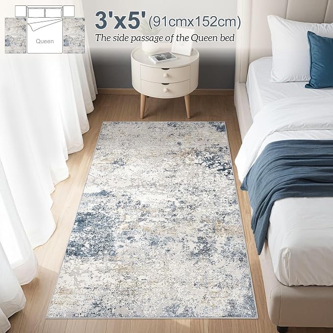 DMOYEST Washable Area Rug: 3x5 ft Abstract Small Rugs for Entryway Kitchen Living Room Bedroom - Non Slip Modern Neutral Carpet Indoor Front Door - Beige Blue