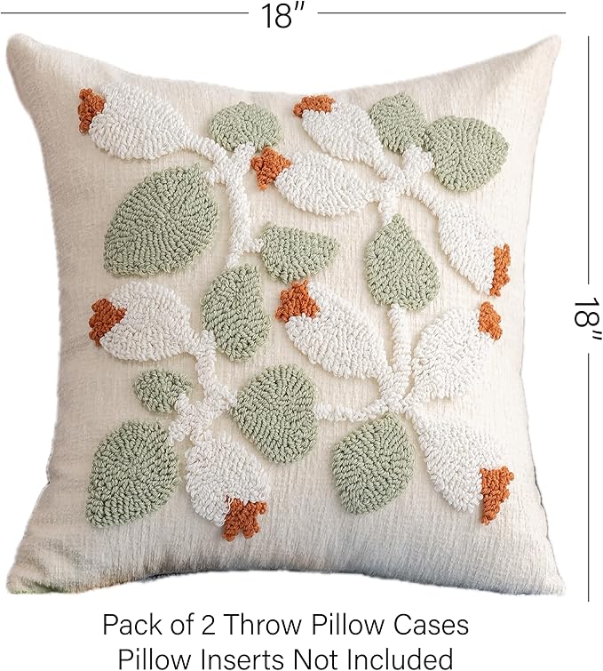 White Floral Embroidered Throw Pillow Covers 18" x 18" Set of 2, Farmhouse Flowers Green Leaves Tufted Patterned Cushion Cases for Couch Bed Living Room Decor