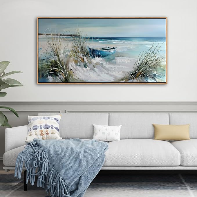 YDYSUNE Blue and White Coastal Wall Art Framed Canvas picture - Beach Ocean Seascape Scenery Painting Artwork for Living Room,Bedroom Decoration Ready to Hang 20x40 Inches