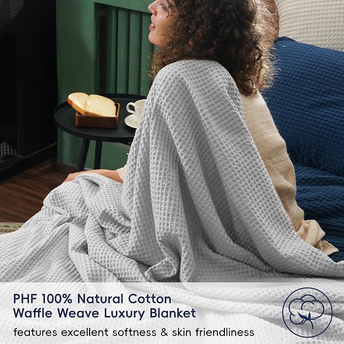 PHF Pre-Washed Cotton Waffle Weave Family Blanket,Oversized King Size 120"x 120"-Snag Proof Lightweight Breathable, 10'x 10' Huge Extra Large Big-Elegant Aesthetic Home Decoration Gift, Light Grey