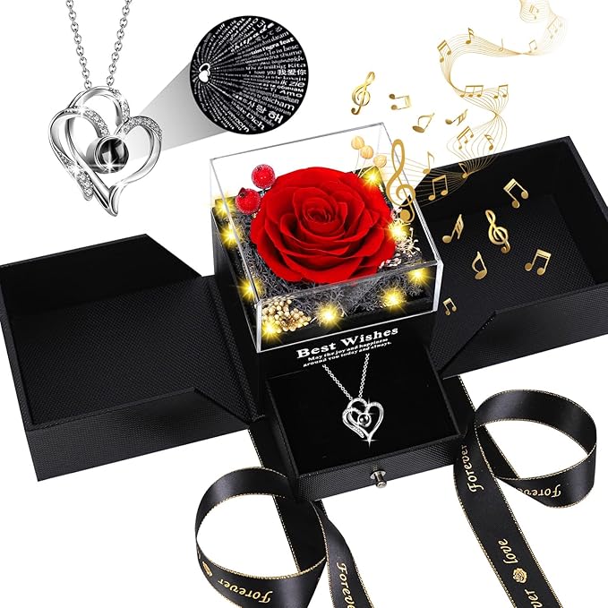 Pasuvsigt Mothers Day Mom Birthday Gifts for Women, Preserved Real Rose with I Love You Heart 100-Language Necklace, LED Lights & Music Box, Anniversary for Women Girlfriend Mom