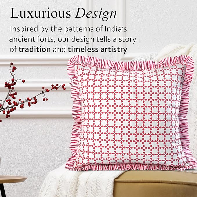 CPC Magenta Pink Hand Block Print 100% Cotton Ruffle Throw Pillow Cover 18x18 inch with Hidden Zipper Decorative for Couch, Bed, Sofa, Farmhouse, Cottagecore Decor Gift Christmas Fall Thanksgiving