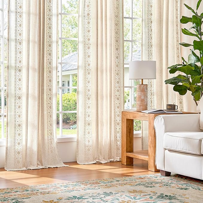 jinchan Weslie Boho Curtains for Bedroom 4 Panels Ivory Vintage Floral Farmhouse Curtains 84 Inches Long Linen Drapes for Living Room Embroidered Light Filtering Drapes Cottagecore Ivory on Beige