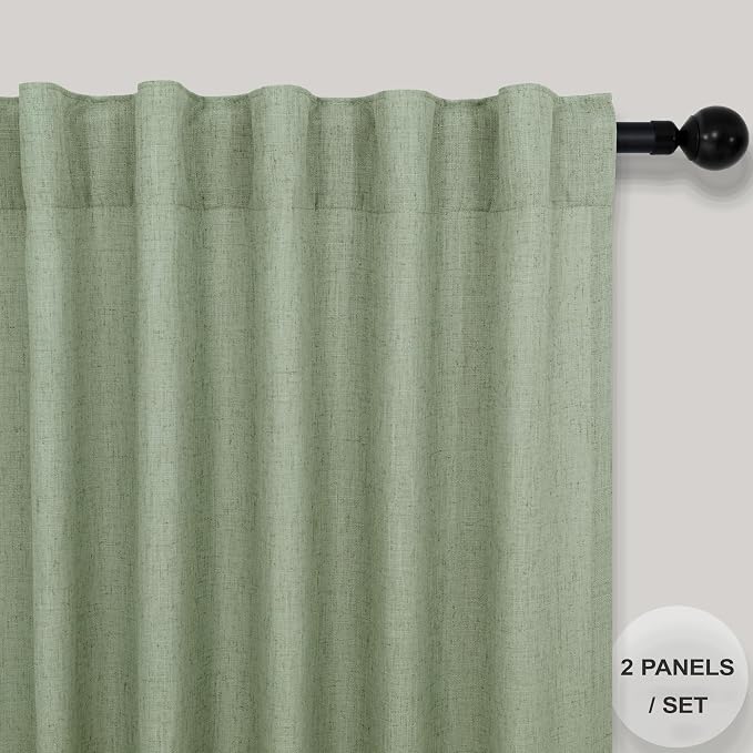 Sage Green Curtains 72 Inch Length for Bedroom 2 Panel Set Rod Pocket Back Tab Drapes Semi Sheer Light Reducing Linen Blend Woven Light Green Curtain for Living Room Dividing Closet Laundry 38X72 Long