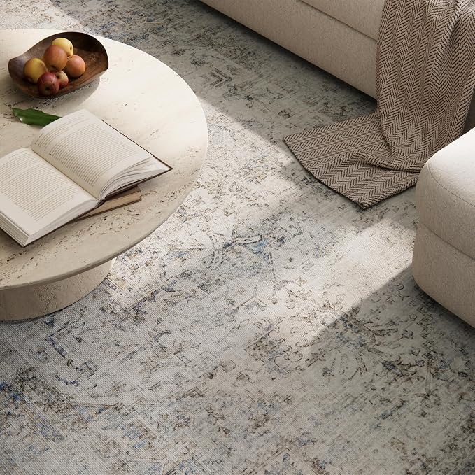 Machine Washable Rugs for Living Room: 6x9 Area Rugs for Bedroom Ultra Soft Non-Slip Low Pile Vintage Distress Boho Large Carpet for High-Traffic Dining Room - Farmhouse Decor