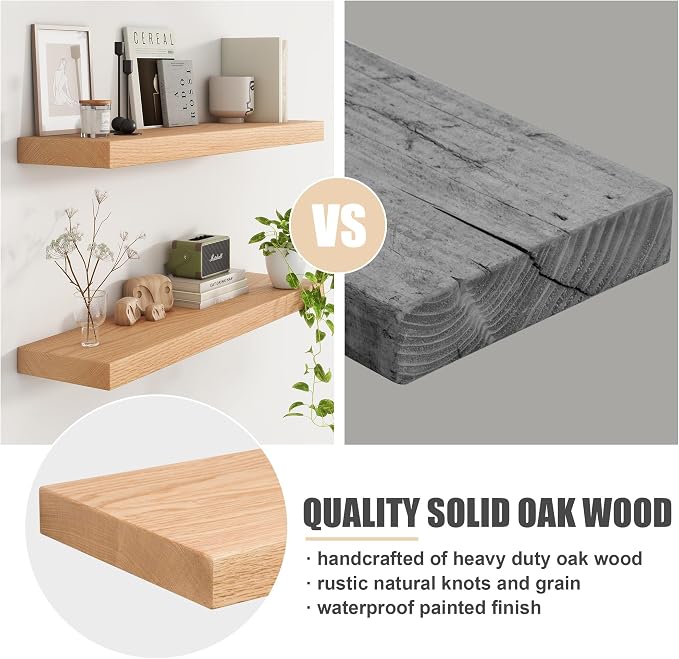 FLYJOE Floating Shelves for Wall, USA-Sourced Oak Wood 16 Inch Wall Shelves Set of 2, Natural Wooden Mounted Picture Ledge Shelf, Nursery Book Storage Shelf Kids Bookshelf Display, Shelf for Bathroom
