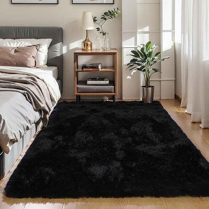 KICHOWUA 6x9 Black Fluffy Shag Rug for Bedroom Living Room, Ultra Soft Plush Fuzzy Washable Floor Non Slip Cozy Large Area Rug for College Dorm, Modern Comfy Shaggy Carpet for Kids Baby Nursery