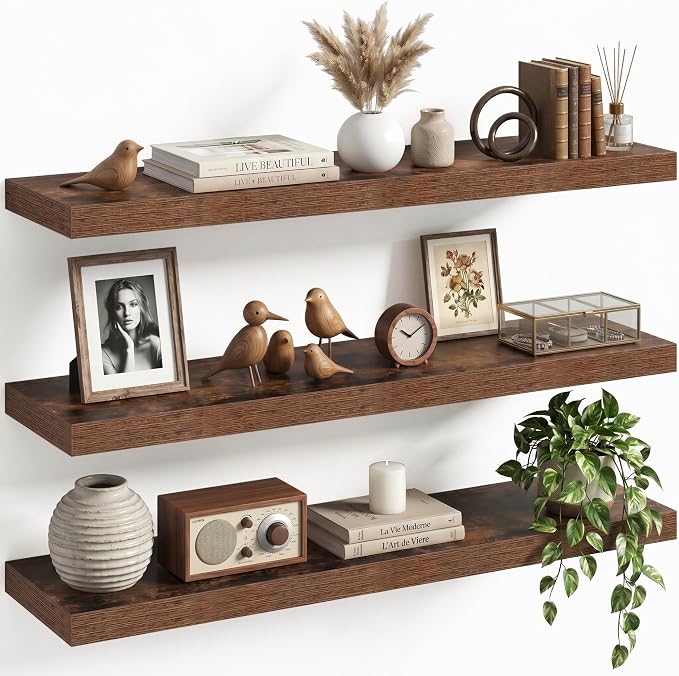32" Floating Shelves for Wall, Set of 3, 8" Deep, 1.5" Thick, Brown | Rustic Wood Wall Shelves with Invisible Brackets, Storage and Display for Bathroom, Bedroom, Living Room or Kitchen