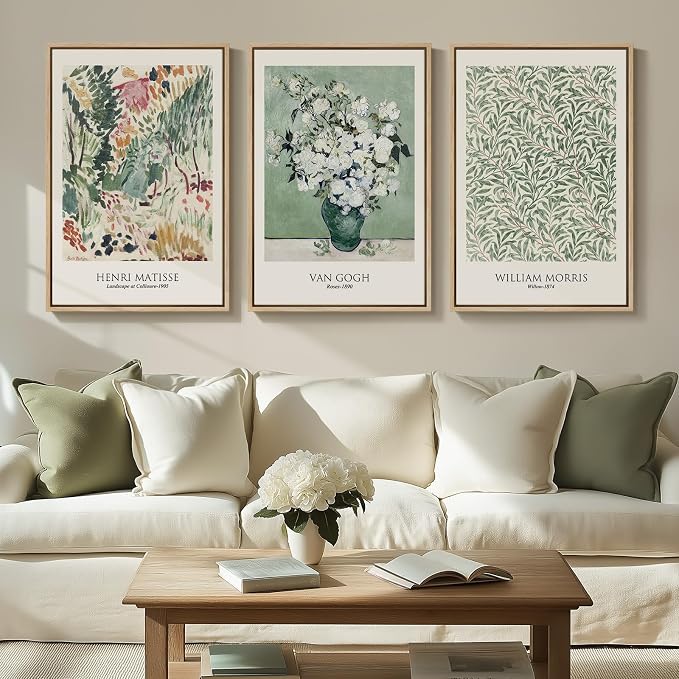 Large Framed William Morris Wall Art for Living Room, Set of 3 Vintage Sage Green Botanical Canvas Prints, Van Gogh Floral Plant Artwork for Bedroom, Hallway, or Home Office Decor, 24x36 Inch