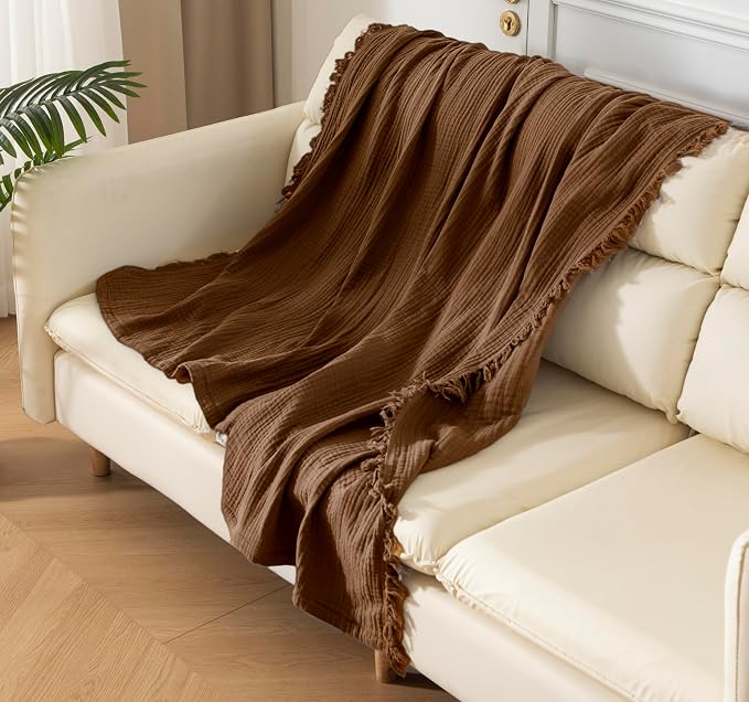 KyraHome 100% Cotton Throw Blankets, 90"x104" King Size, Organic Cotton Pre-Washed, Lightweight Gauze Fall Throw Blankets, Layering Muslin Blankets Bed Coverlet, All Season, (Brown)