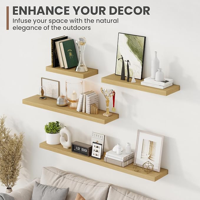 Acovy 24 Inch Floating Shelves, 8 Inch Deep Floating Shelves for Wall, Hanging Shelf with Invisible Brackets, Deep Shelves for Bathroom, Bedroom, Living Room, Oak, Set of 2