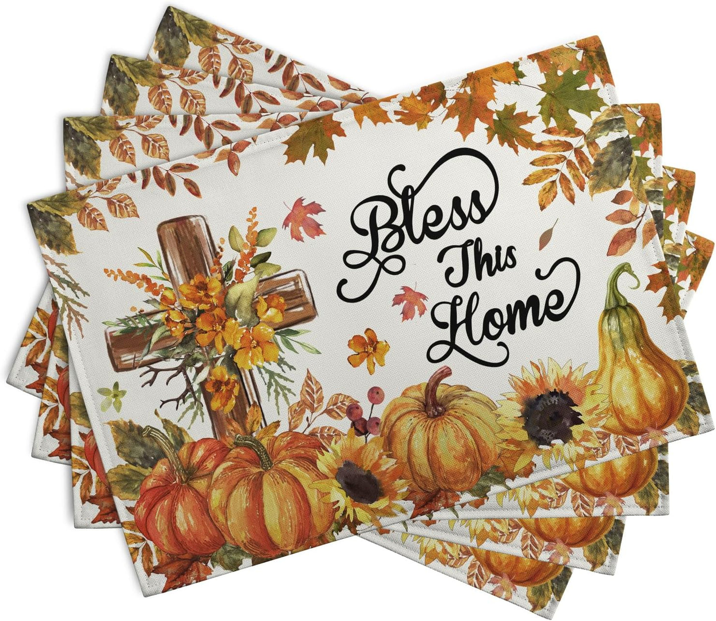 Fall Cross Pumpkin Placemats Set of 4 Autumn Thanksgiving Harvest Sunflower Maple Leaf Orange Linen Table Mats Seasonal Farmhouse Decorative Place Mat for Party Kitchen Dining Decor