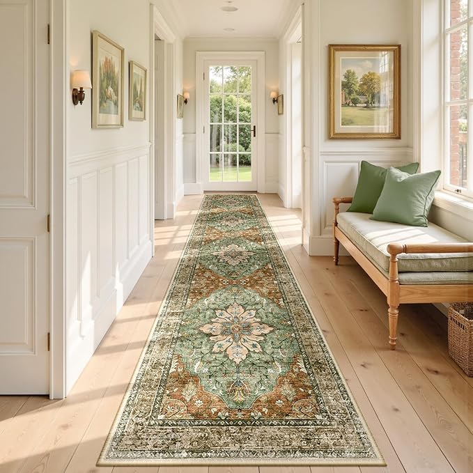 RELEANY Area Rugs 2'6''x10' Runner Rug Non Slip Washable for Kitchen Hallway Bedroom Beside Laundry Room Bathroom Rug, Floor Carpet, Brick Red Rust Neutral Brown Burnt Orange Green