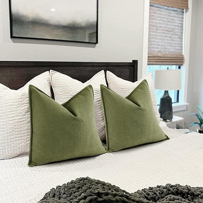 ZWJD Olive Green Pillow Covers 16x16 Set of 2 Chenille Throw Pillow Covers with Elegant Design Soft and Luxurious Decorative Throw Pillows for Couch, Bed, and Home Decor
