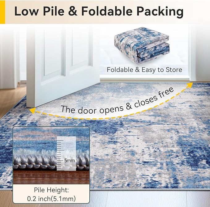 RELEANY Washable Area Rugs 2x9 Non-Slip Modern Abstract Soft for Living Room Entryway Bedroom Nursery, Print Pattern, Blue Grey Navy Gray