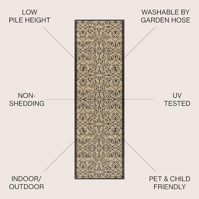 JONATHAN Y Vintage Filigree Indoor Outdoor Runner Rug 2X8 Black/Khaki, Madrid Textured Weave for Backyard, Patio, Porch, Easy-Cleaning, High Traffic, Pet-Friendly, Non-Shedding (SMB107A-28)