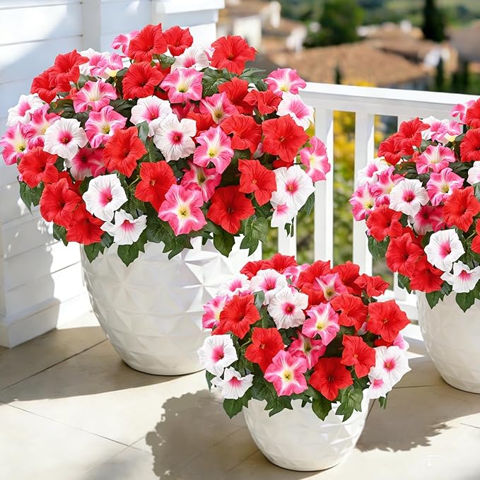 MARTINE MALL Artificial Flowers for Outdoors, 4 Bundles Realistic Fake Outdoor Flowers, UV Resistant Silk Petunia Flower for Outside Look Real Faux Flower Plants for Outdoor Porch, Red Pink White