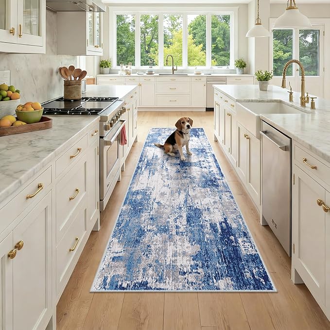 RELEANY Washable Area Rugs 2'6''x8 Non-Slip Modern Abstract Soft for Living Room Entryway Bedroom Nursery, Print Pattern, Blue Grey Navy Gray
