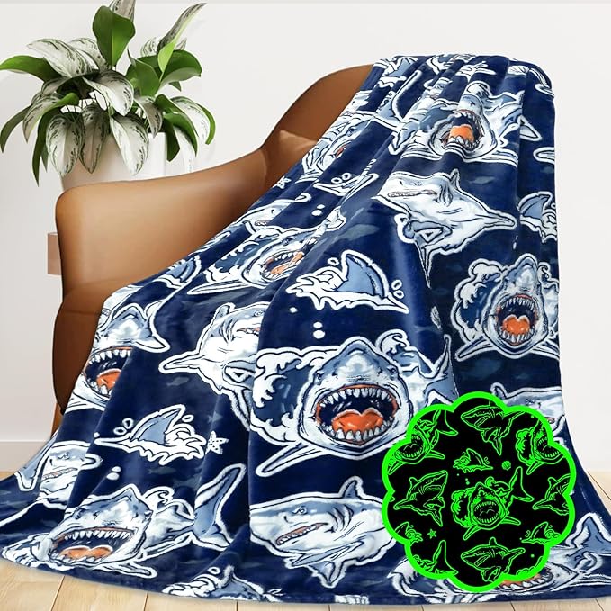 GEULAY Shark Blanket Glow in the Dark, Shark Toys for Kids Age 2-12, Toddler Blanket for Boys, Sharks Gifts for Birthday, Ocean Sea Animal Fleece Throws for Kids Room Decor, 40"x60"