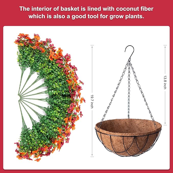 INXUGAO Artificial Silk Flowers Hanging Baskets for Outdoors Indoors, Daisy with Eucalyptus Leaves Arrangement for Garden Yard Decor, Faux Green Plant in Metal Coconut Lining Flowerpot(Orange Brown)