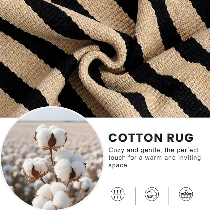 OLANLY Brown and Black Striped Rug 3' x 5' – Washable Cotton Doormat for Indoor Outdoor Use, Layered Front Porch Rug for Entryway, Kitchen, Patio