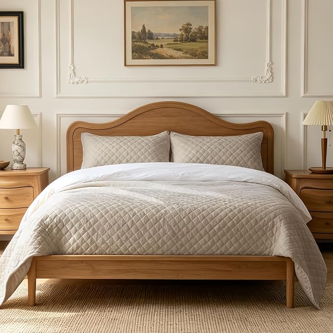 3-Piece Velvet Quilt Set Oversized King Size 120"x120" Bed Blanket Quilted Bedspread Soft Luxury Bedding with 2 Pillow Shams 20''x36'' for All-Season,Beige