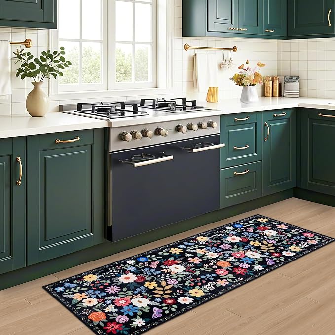 Runner Rug for Entryway: 2x5 Kitchen Rugs Non Slip Washable Ultra-Thin Soft Floral Carpet Indoor Floor Stain Resistant Carpets for Hallway Bedroom Kitchen Laundry Bathroom Dorm Black