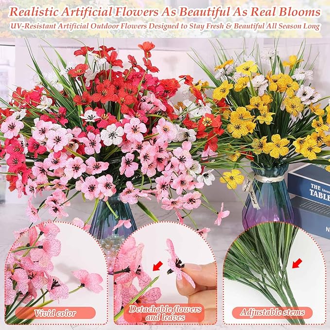 32 Bundles Artificial Flowers for Outdoors, UV Resistant Realistic Fake Silk Violet Flowers with Plastic Faux Plants Bulk for Outside Garden Yard Porch Patio Pots Window Boxes Hanging Planters Decor