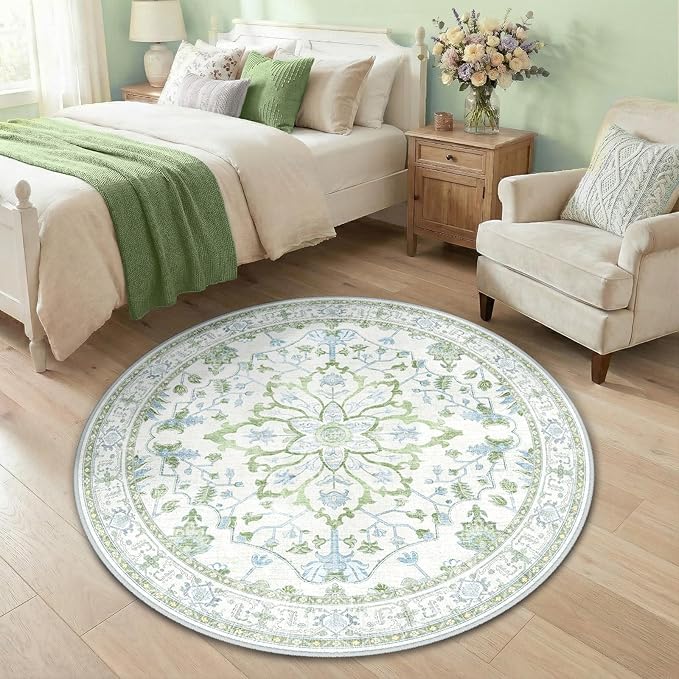 RELEANY Area Rugs Round 4ft Washable Non-Slip, Floral Vintage Distress Print Pattern Medallion Carpet for Living Room Bedroom Dining Room, Green White Blue
