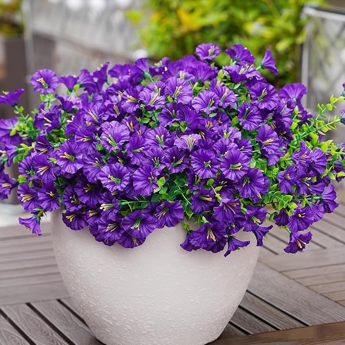 Artificial Flowers for Outdoors, UV Resistant Fake Silk Morning Glory, Realistic Faux Plants for Outside Porch Patio Window Box Hanging Planter (12, Purple)