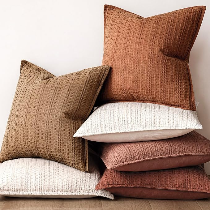 Foindtower Set of 2 Decorative Cotton Waffle Weave Throw Pillow Covers Euro Shams Cushion Covers Accent European Pillowcase for Bed Couch Sofa Bedroom Living Room Home Decor 22×22 Inch Orange Brown