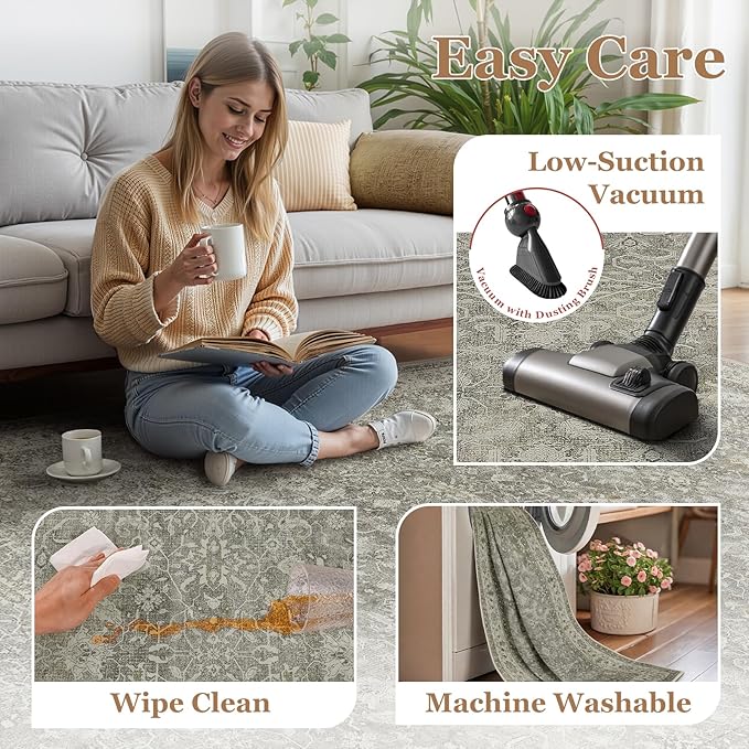 Modern Faromhouse Neutral Entryway Rug 2x3, Washable Non Slip Kitchen Bathroom Rugs, Transitional Small Rug for Bedroom Soft French, Low Pile Thin Door Mat Indoor Entrance, Gray/Beige/Olive