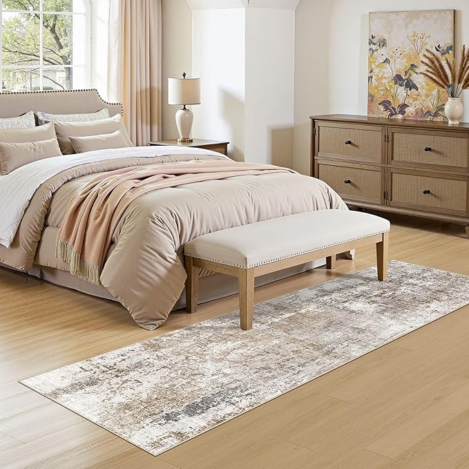 UERMEI 2X6 Washable Runner Rug for Hallway: Soft Neutral Modern Abstract Area Rug - Non-Slip Low Pile Long Throw Indoor Carpet for Kitchen Entryway Kitchen Bedroom Laundry Bathroom - Brown/Grey/Red