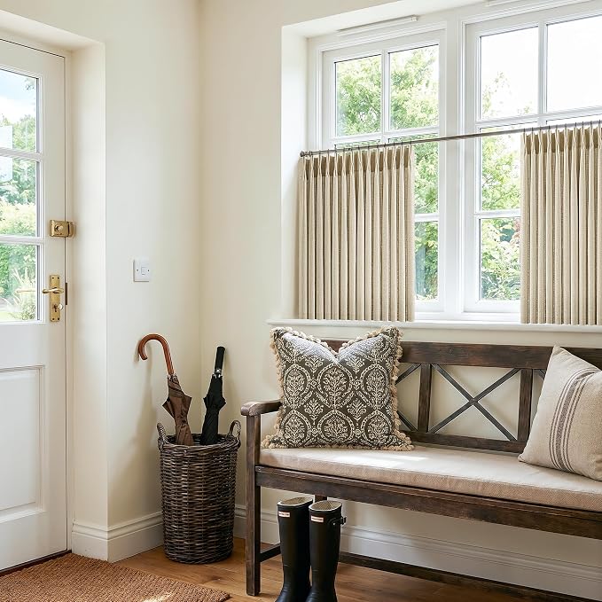 Oatmeal Pinch Pleated Kitchen Curtains 24 Inches Long 2 Panels Light Filtering Farmhouse Thick Linen Textured Cafe Pleat Curtain with Hooks Rings Back Tab Memory Trained Short Drapes for Dining Room