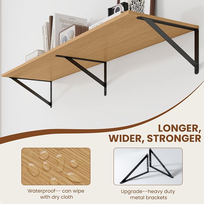 Heimlove 12 Inch Deep Floating Shelves for Wall, 48W x 12D Wood Wall Shelves Set of 2, Rustic Oak Wide Floating Bookshelf for Living Room, Kitchen, Office, Bedroom, with Black Metal Bracke - Oak
