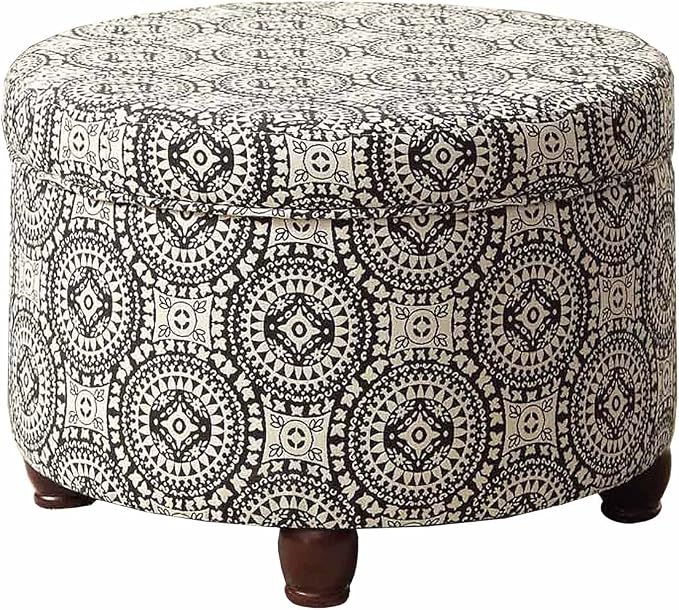 Homepop Home Decor | Upholstered Round Storage Ottoman | Ottoman with Storage for Living Room & Bedroom, Black and White Medallion Large