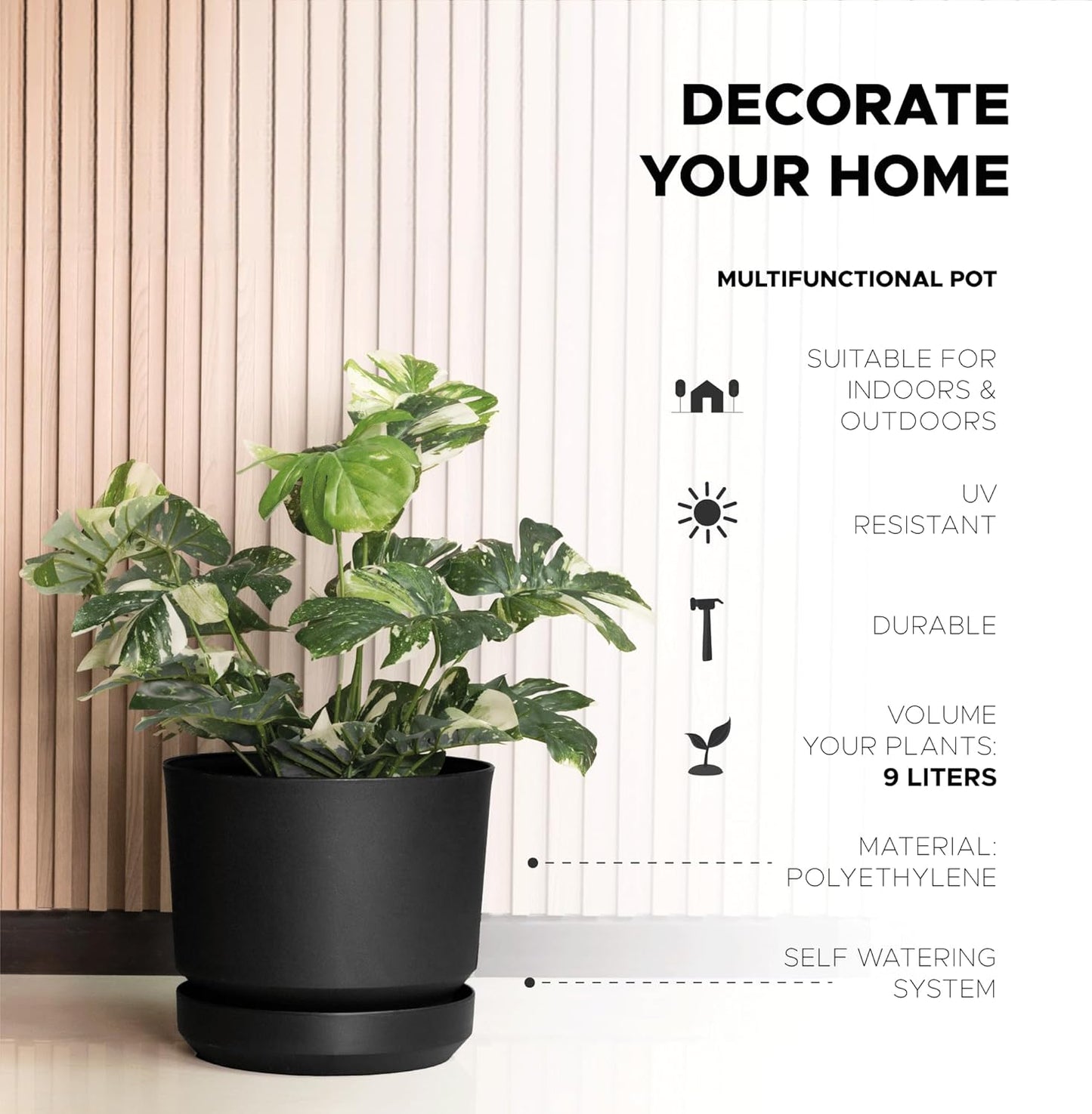 Elly Décor 10 inch Plastic Cylinder Planter Pot with Self-Watering Saucer and Drainage Hole,Lightweight & Extremely Durable, 10"x 10", Black