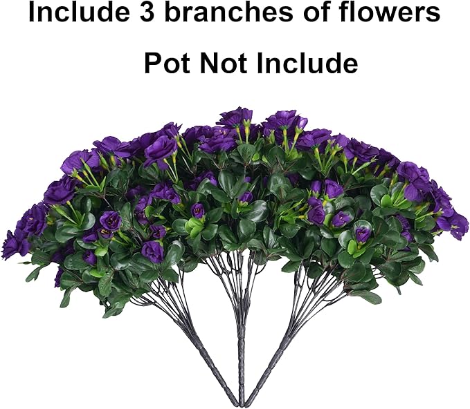 Artificial Faux Outdoor Flowers Plants for Spring Summer Decoration, Fake Silk Camellia UV Resistant Look Real for Planter Outside Front Door Porch Patio Balcony, 3 Large Bundles (Dark Purple)