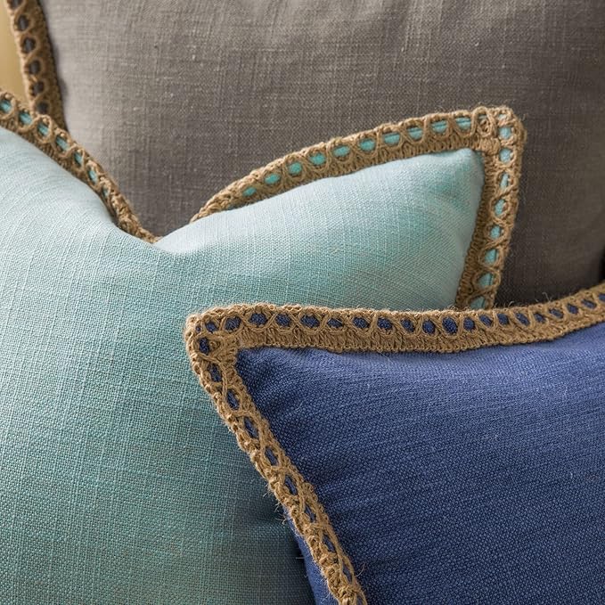 Phantoscope Pack of 2 Farmhouse Decorative Throw Decorative Pillow Cover Burlap Linen Trimmed Tailored Edges Light Turquoise, Plain, 22 x 22 inches, 55 x 55 cm