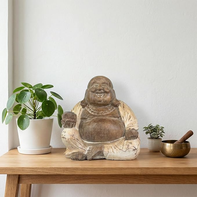 G6 Collection 8" Wooden Whitewashed Laughing Happy Buddha Statue Hand Carved Smiling Sitting Sculpture Handmade Figurine Decoration Home Decor Accent Handcrafted Art Happy Buddha (White Washed)