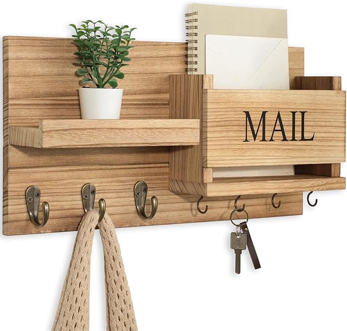 Lwenki Mail Organizer for Wall Mount – Key Holder with Shelf Includes Letter Holder and Hooks for Hallway Farmhouse Decor – Rustic Wood with Flush Mounting Hardware (16.5” x 9.1” x 3.4”) (Wood)