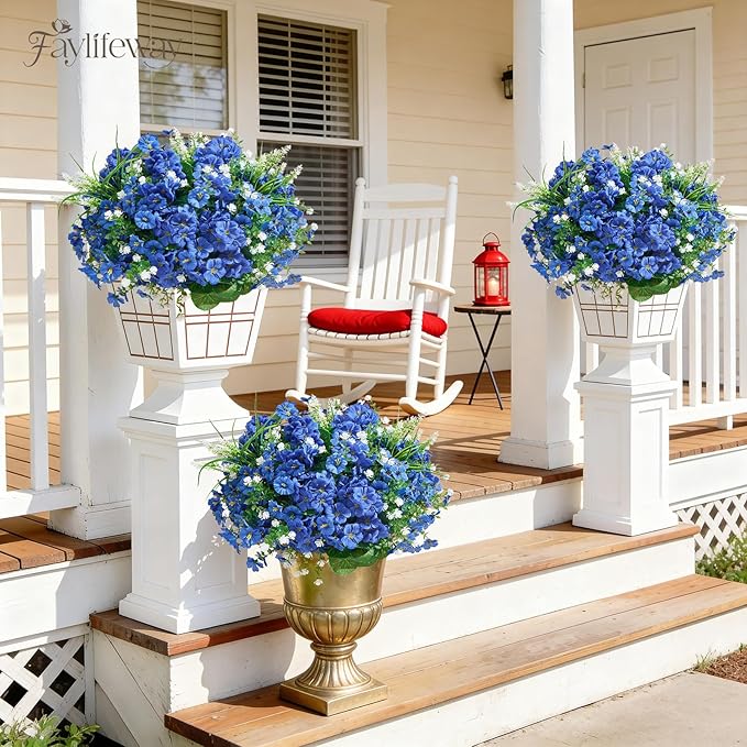 16 Bundles Artificial Flowers for Outdoors, UV Resistant Silk Faux Flowers for Outside Planters,Garden,Porch,Yard,Home Decor(Blue)