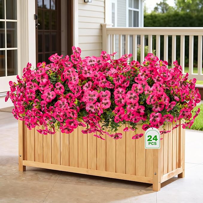 24 Pcs Artificial Fake Pansy Flowers for Outdoor,Faux Silk Plants Flowers UV Resistant Pansies Spring Flowers for Planter Front Door Porch Yard Patio Garden Window Box Home Decor(Dark Pink)