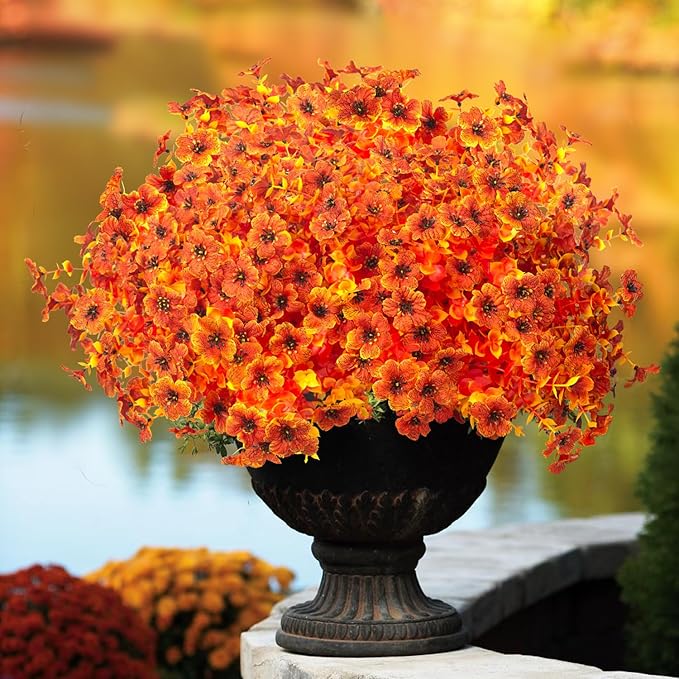 Grunyia 16 Bundles Artificial Fall Flowers for Outdoors Fake Plants UV Resistant Plastic Plants Shrubs Bushes for Home Fall Front Door Porch Garden Autumn Decor (Fall Orange)