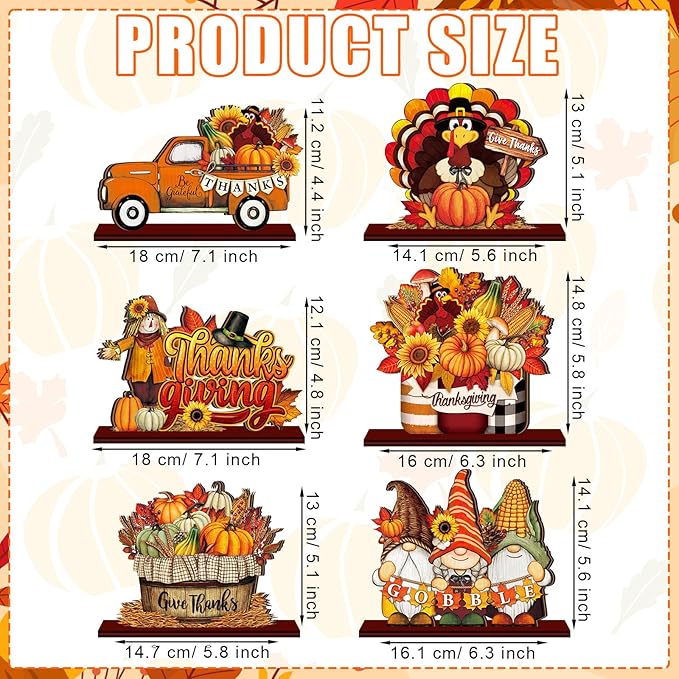 Cinnvoice 6 Pcs Thanksgiving Turkey Table Decorations Wooden Table Centerpieces Rustic Wood Tabletop Sign Decorations for Home Kitchen Office Farmhouse Desk Shelves Party Tiered Tray Decor